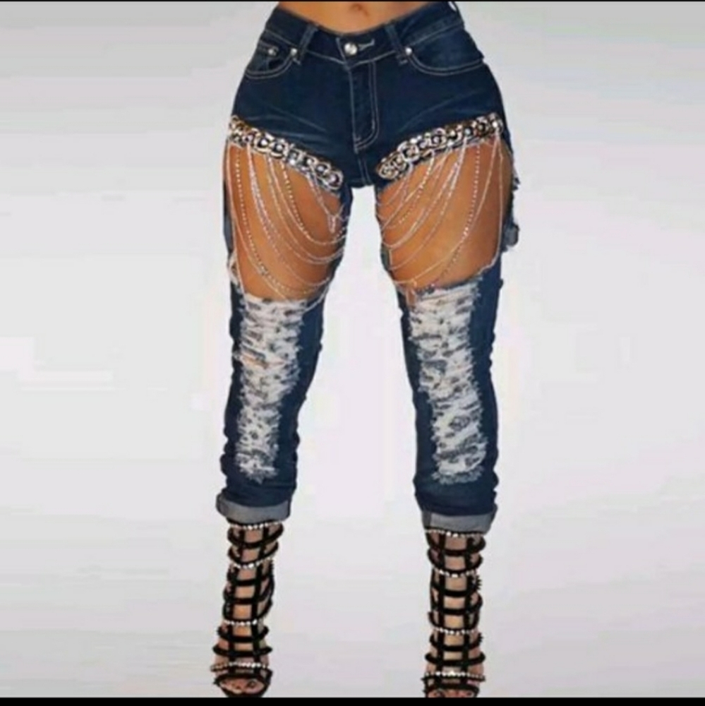 Women Ripped Jeans with Chains